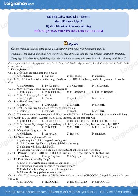 Đề số 6 - Đề thi giữa học kì I - Hóa học 12 có đáp án và lời giải chi tiết